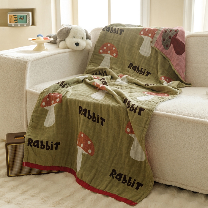 91家纺网 家纺一手货源 找家纺 沐珩家纺 2026新款全棉纯棉四层纱布浴巾沙发巾加大尺寸多功能毛巾毯 小蘑菇