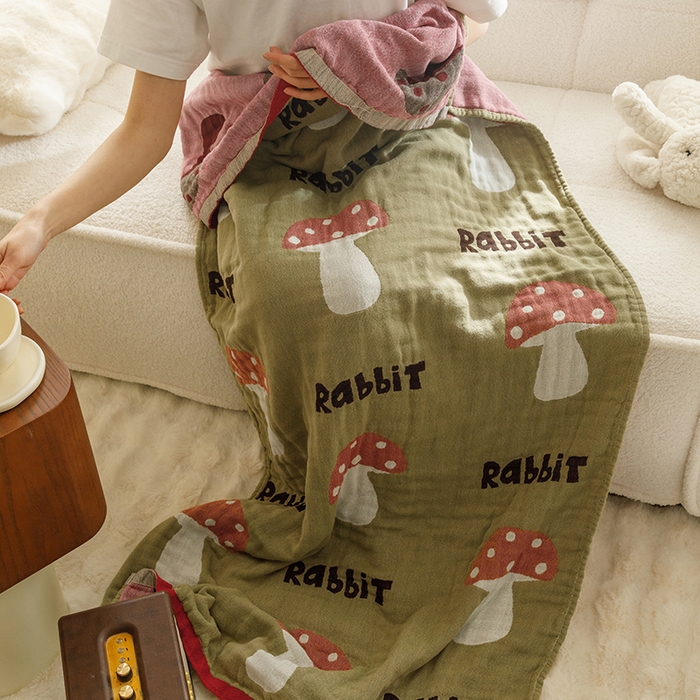 91家纺网 家纺一手货源 找家纺 沐珩家纺 2026新款全棉纯棉四层纱布浴巾沙发巾加大尺寸多功能毛巾毯 小蘑菇