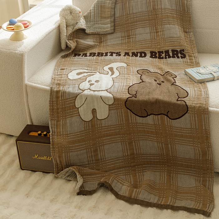 91家纺网 家纺一手货源 找家纺 沐珩家纺 2026新款全棉纯棉四层纱布浴巾沙发巾加大尺寸多功能毛巾毯 小兔熊