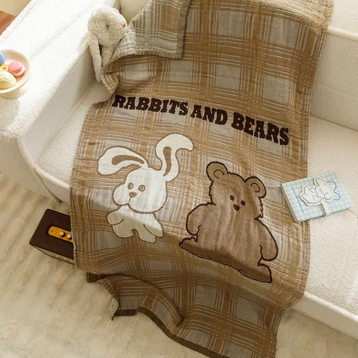 91家纺网 家纺一手货源 找家纺 沐珩家纺 2026新款全棉纯棉四层纱布浴巾沙发巾加大尺寸多功能毛巾毯 小兔熊