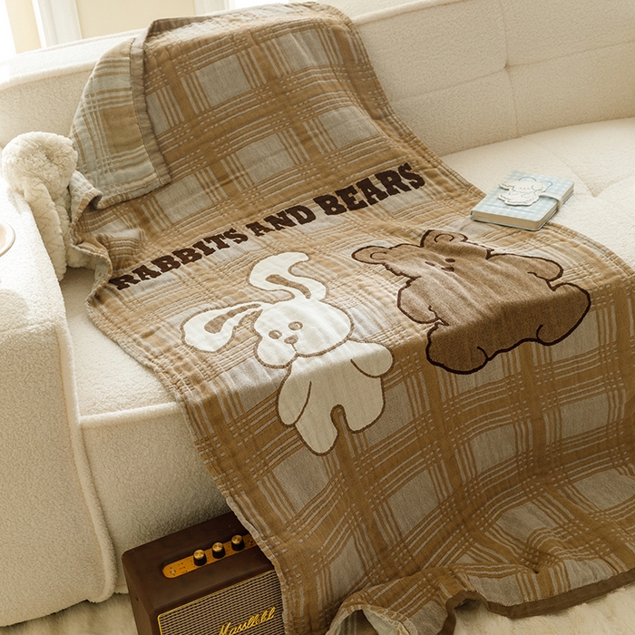 91家纺网 家纺一手货源 找家纺 沐珩家纺 2026新款全棉纯棉四层纱布浴巾沙发巾加大尺寸多功能毛巾毯 小兔熊