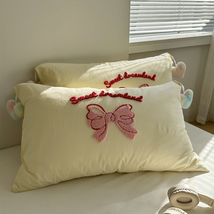 丽涵家纺 2026新款全棉纯棉色织水洗棉单品枕套--爱心兔毛球 蝴蝶结-奶黄