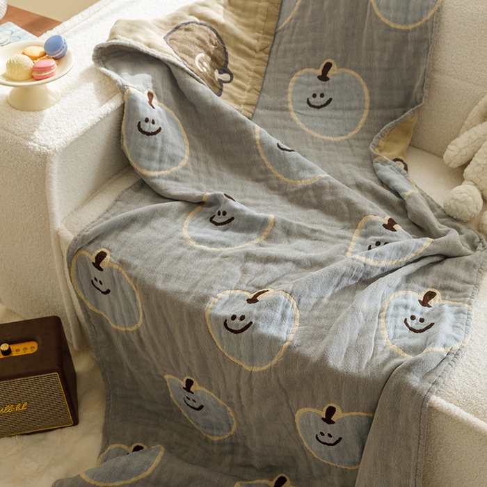 91家纺网 家纺一手货源 找家纺 沐珩家纺 2026新款全棉纯棉四层纱布浴巾沙发巾加大尺寸多功能毛巾毯 笑脸苹果