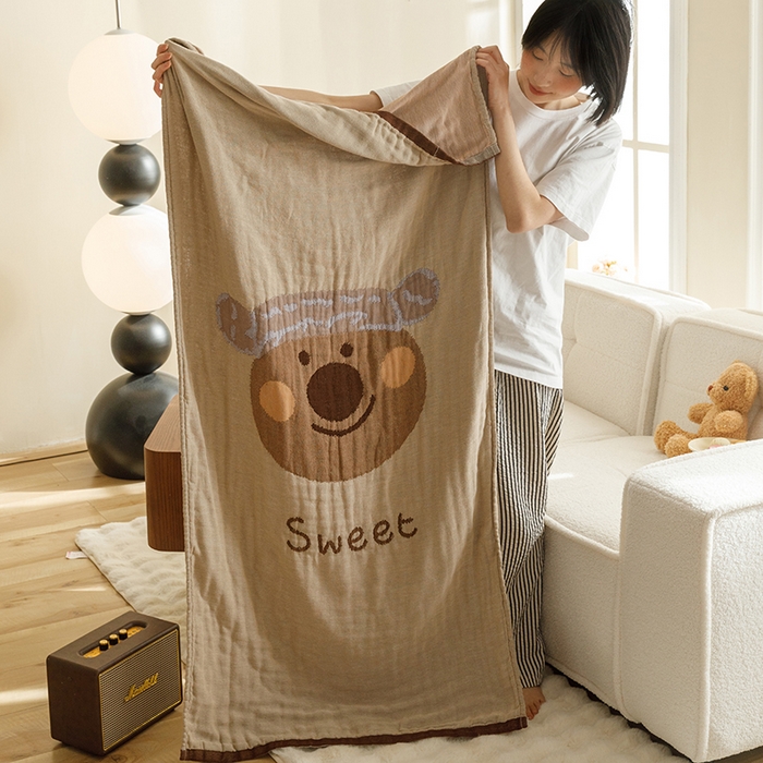 沐珩家纺 2026新款全棉纯棉四层纱布浴巾沙发巾加大尺寸多功能毛巾毯 熊宝