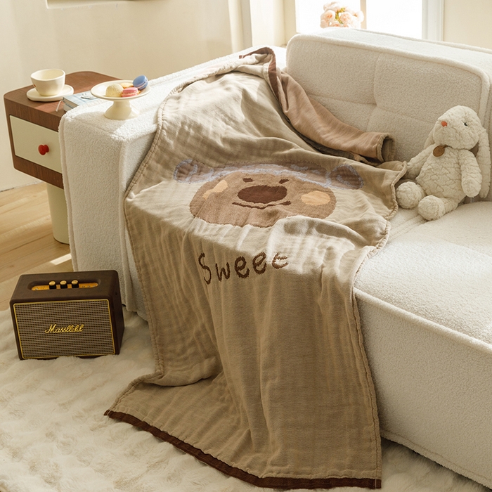 91家纺网 家纺一手货源 找家纺 沐珩家纺 2026新款全棉纯棉四层纱布浴巾沙发巾加大尺寸多功能毛巾毯 熊宝