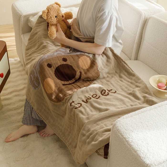 91家纺网 家纺一手货源 找家纺 沐珩家纺 2026新款全棉纯棉四层纱布浴巾沙发巾加大尺寸多功能毛巾毯 熊宝