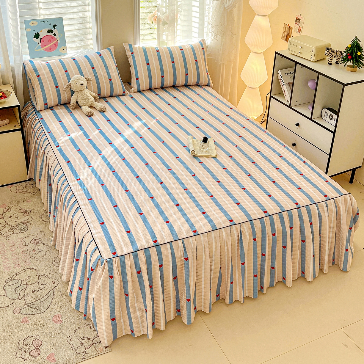 91家纺网 家纺一手货源 找家纺 鹿辉家居（原吉欧力） 2026新款泡泡床裙四件套 床裙款-爱心条纹