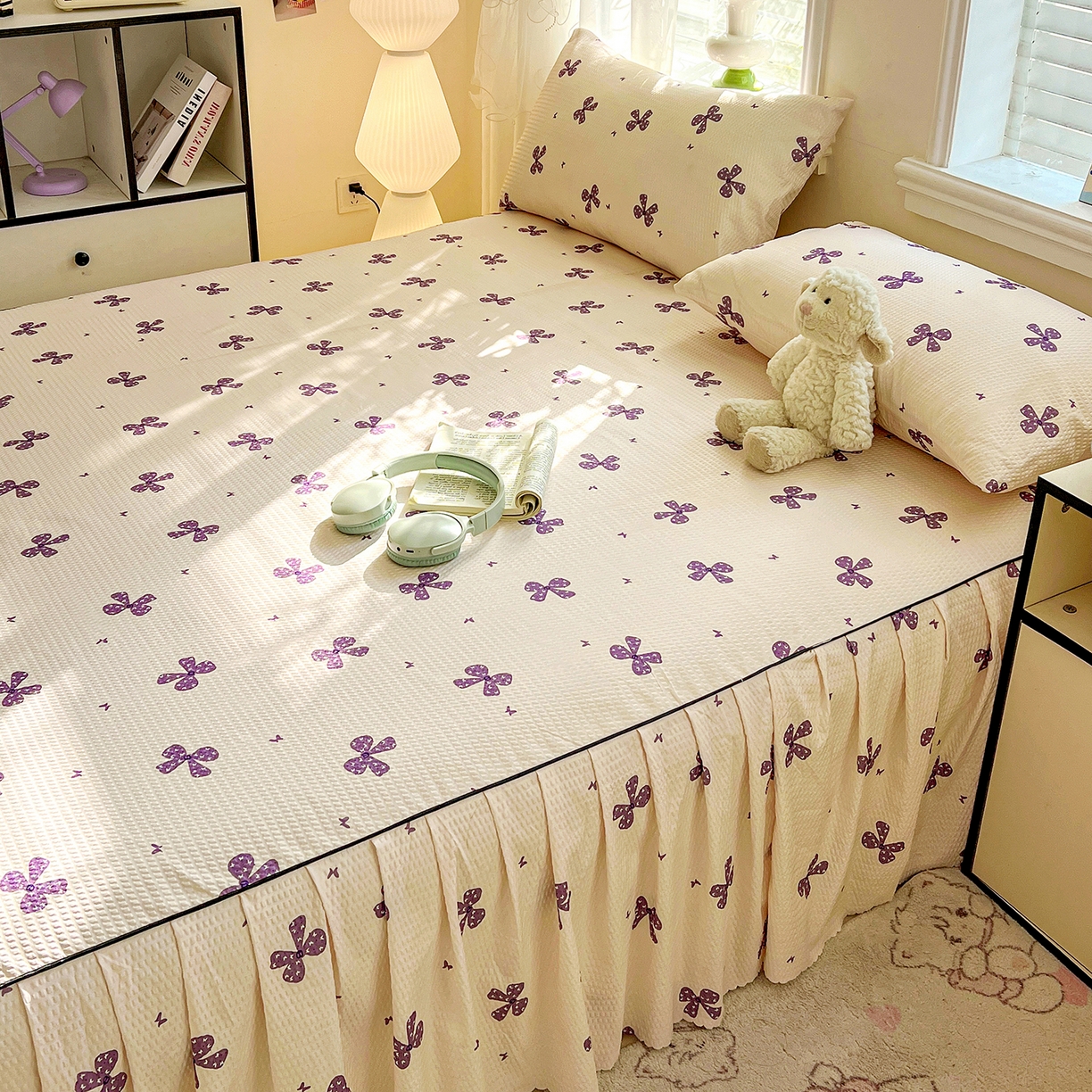 91家纺网 家纺一手货源 找家纺 鹿辉家居（原吉欧力） 2026新款泡泡床裙四件套 床裙款-紫蝴蝶结