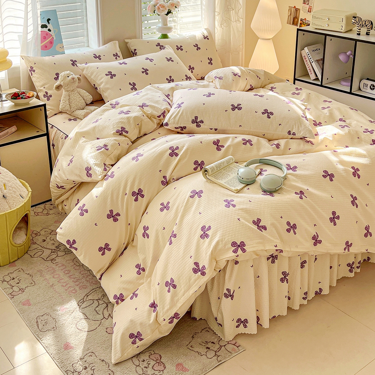 91家纺网 家纺一手货源 找家纺 鹿辉家居（原吉欧力） 2026新款泡泡床裙四件套 床裙款-紫蝴蝶结