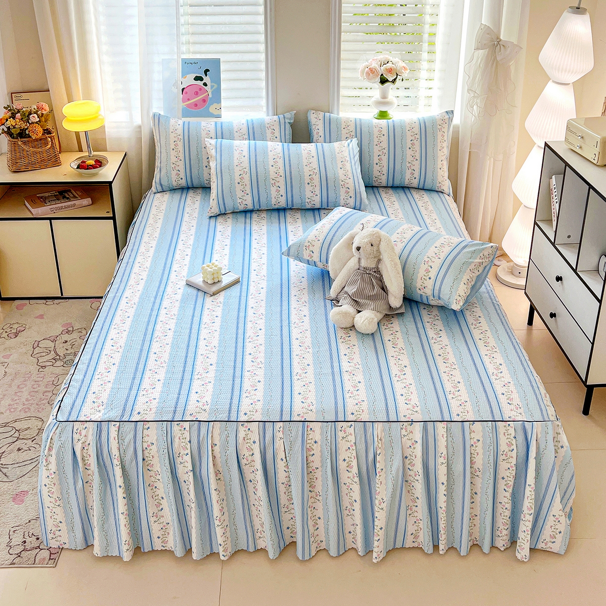 91家纺网 家纺一手货源 找家纺 鹿辉家居（原吉欧力） 2026新款泡泡床裙四件套 床裙款-蓝韵花香