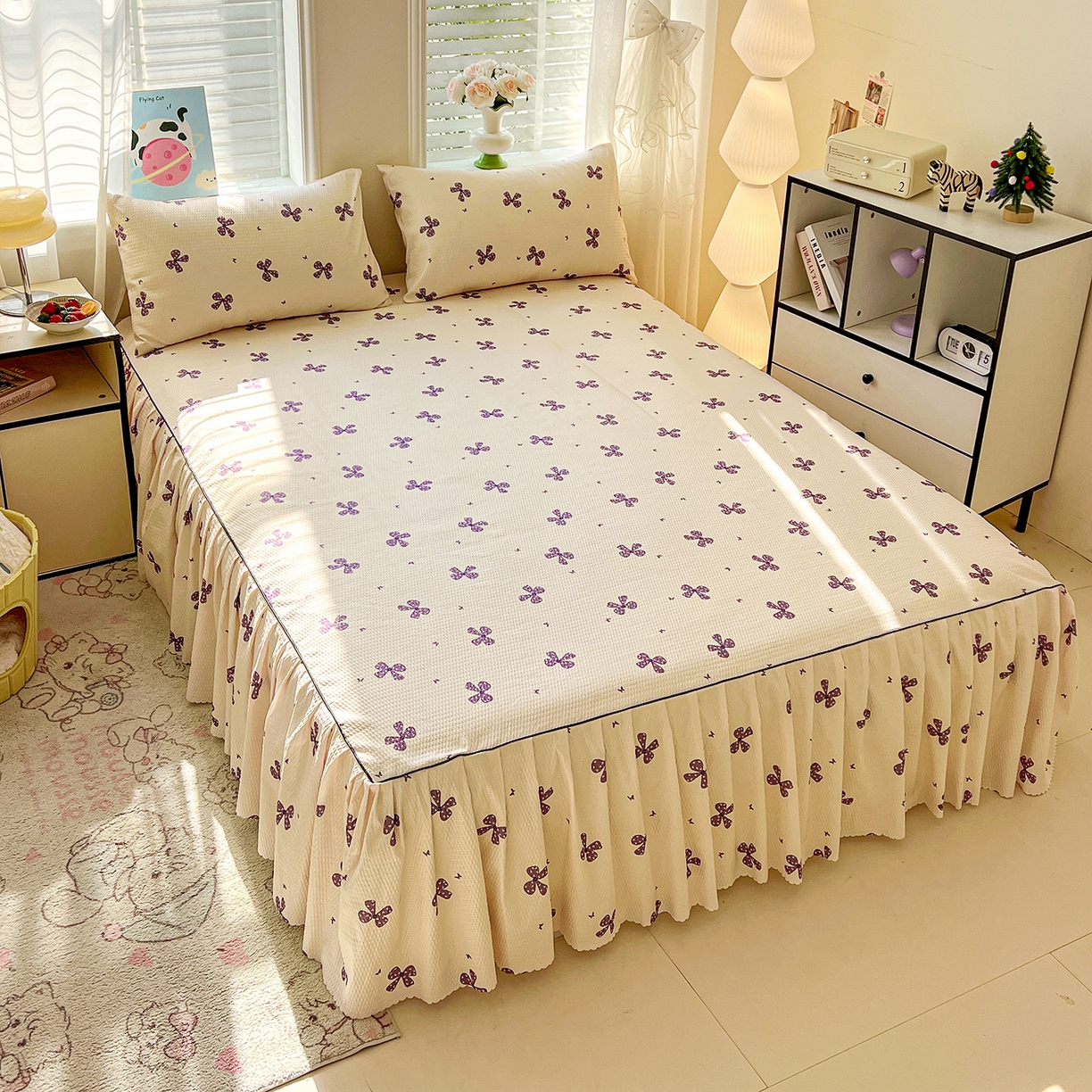 91家纺网 家纺一手货源 找家纺 鹿辉家居（原吉欧力） 2026新款泡泡床裙四件套 床裙款-紫蝴蝶结