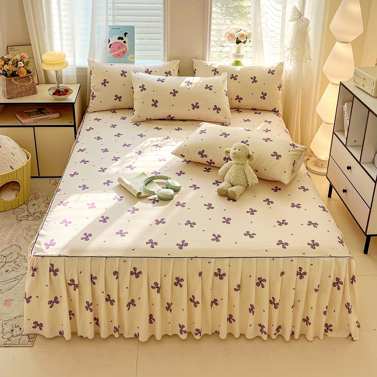 91家纺网 家纺一手货源 找家纺 鹿辉家居（原吉欧力） 2026新款泡泡床裙四件套 床裙款-紫蝴蝶结