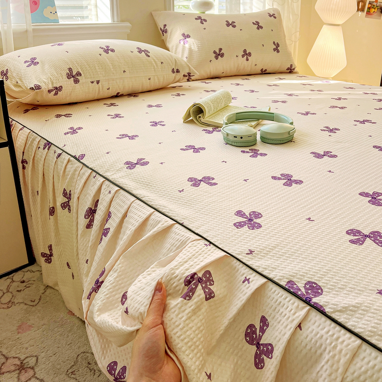 91家纺网 家纺一手货源 找家纺 鹿辉家居（原吉欧力） 2026新款泡泡床裙四件套 床裙款-紫蝴蝶结