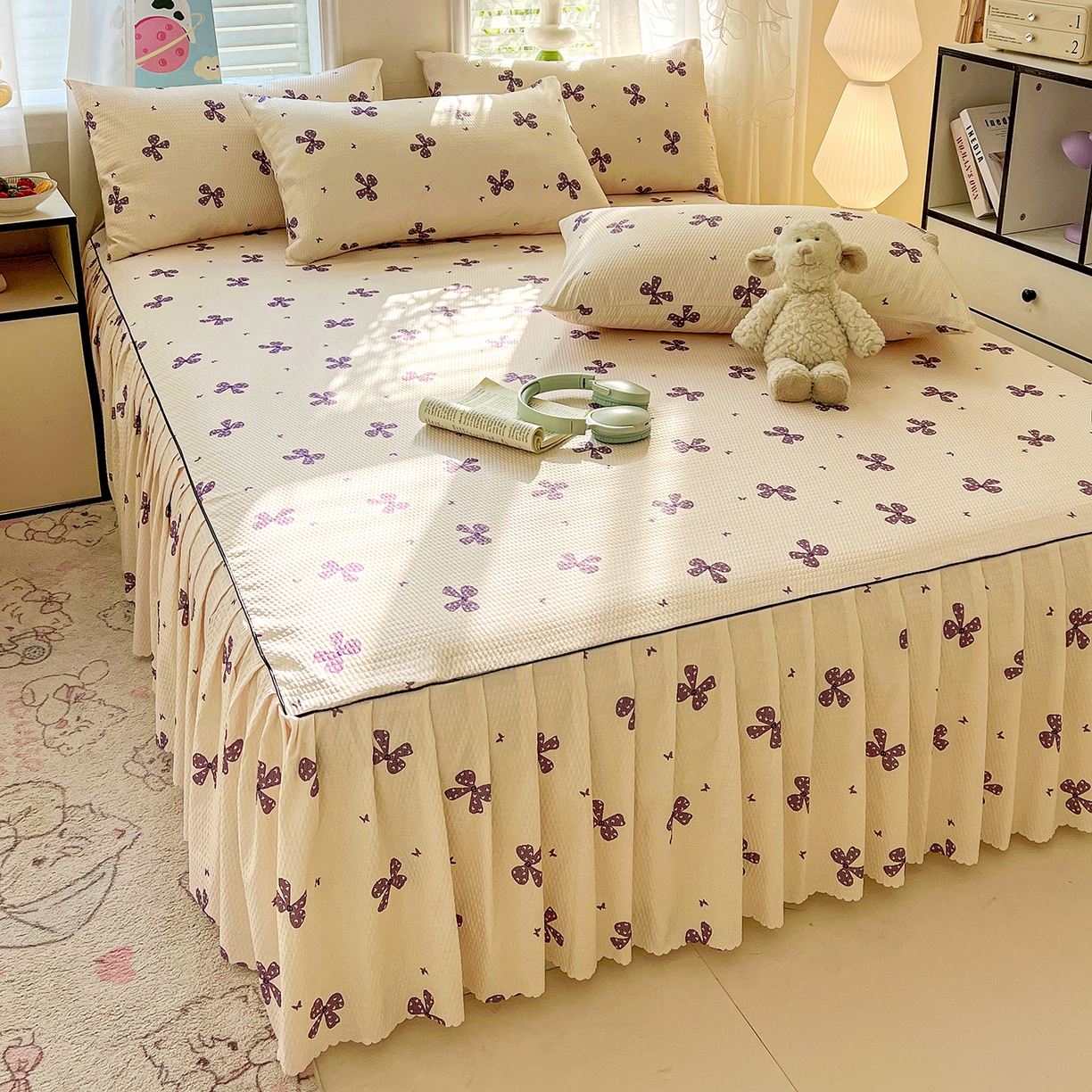 91家纺网 家纺一手货源 找家纺 鹿辉家居（原吉欧力） 2026新款泡泡床裙四件套 床裙款-紫蝴蝶结