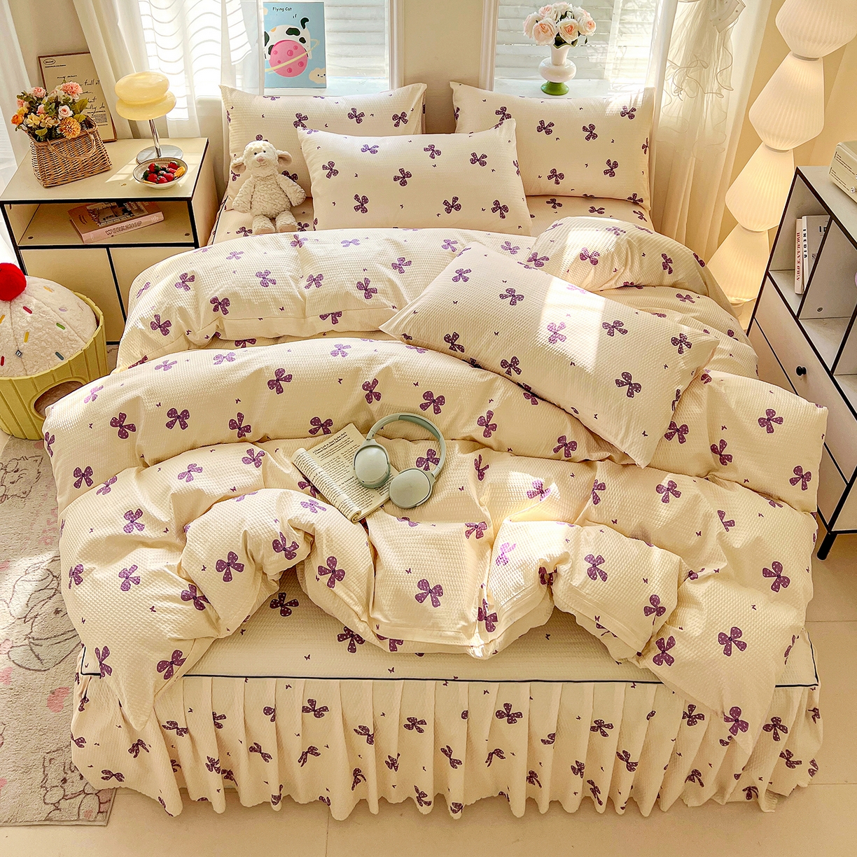 91家纺网 家纺一手货源 找家纺 鹿辉家居（原吉欧力） 2026新款泡泡床裙四件套 床裙款-紫蝴蝶结