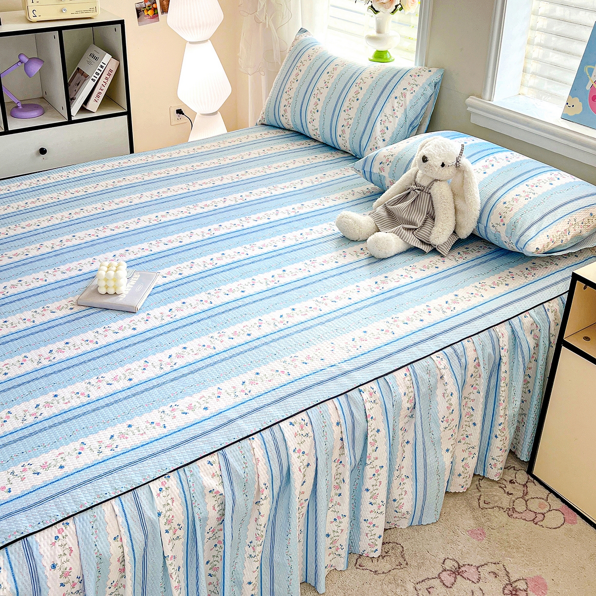 91家纺网 家纺一手货源 找家纺 鹿辉家居（原吉欧力） 2026新款泡泡床裙四件套 床裙款-蓝韵花香