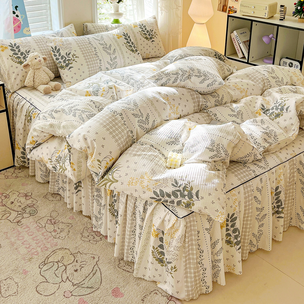 91家纺网 家纺一手货源 找家纺 鹿辉家居（原吉欧力） 2026新款泡泡床裙四件套 床裙款-叶仲花开