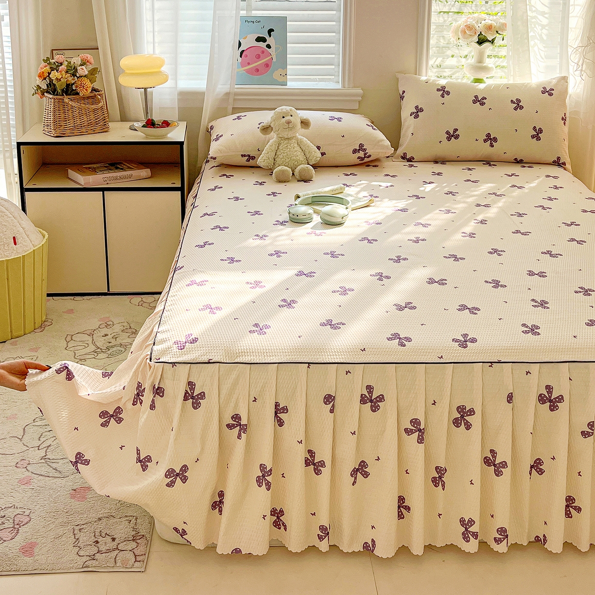 91家纺网 家纺一手货源 找家纺 鹿辉家居（原吉欧力） 2026新款泡泡床裙四件套 床裙款-紫蝴蝶结