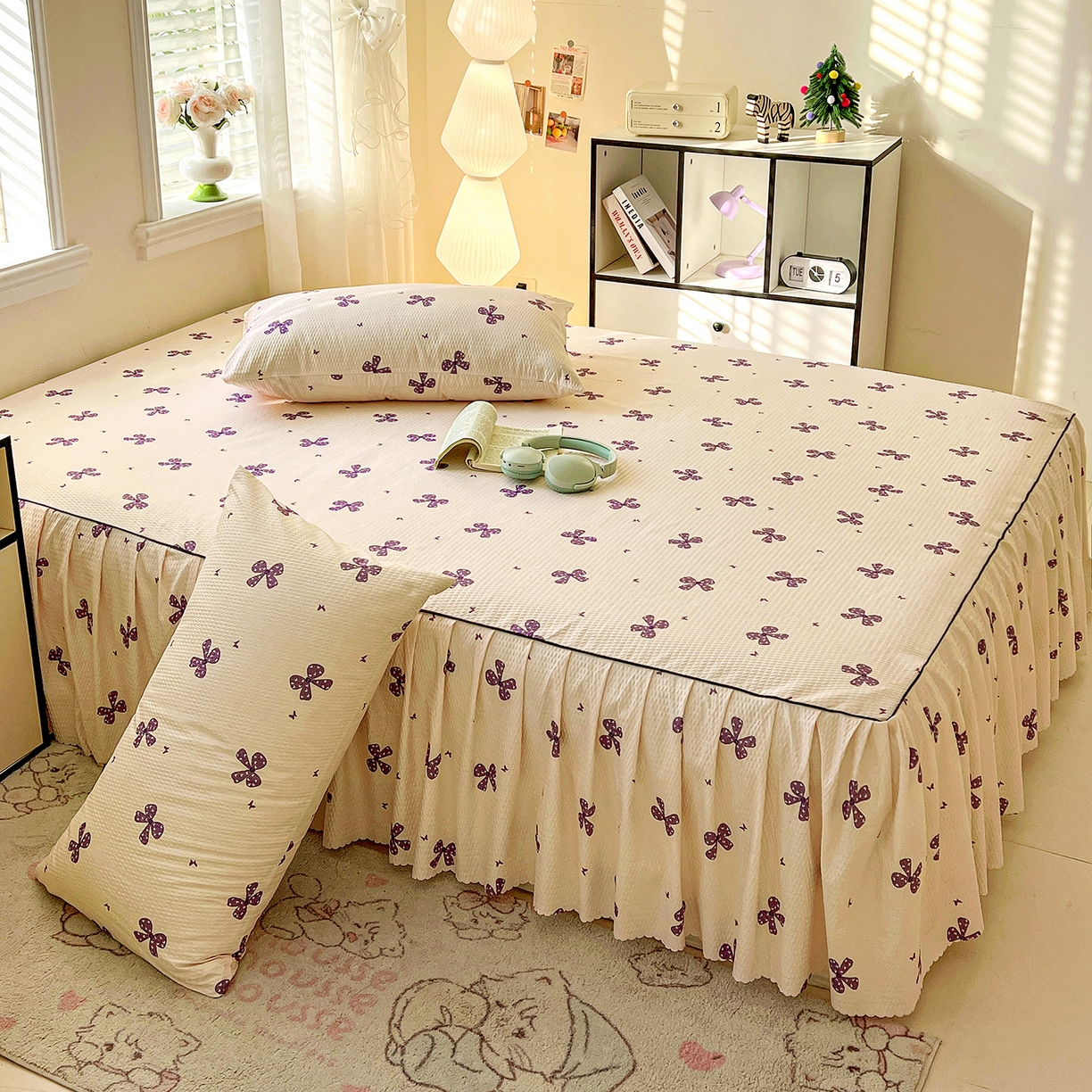 91家纺网 家纺一手货源 找家纺 鹿辉家居（原吉欧力） 2026新款泡泡床裙四件套 床裙款-紫蝴蝶结