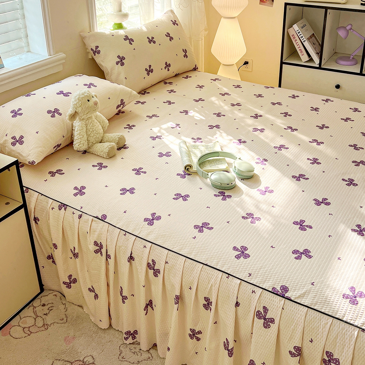 91家纺网 家纺一手货源 找家纺 鹿辉家居（原吉欧力） 2026新款泡泡床裙四件套 床裙款-紫蝴蝶结