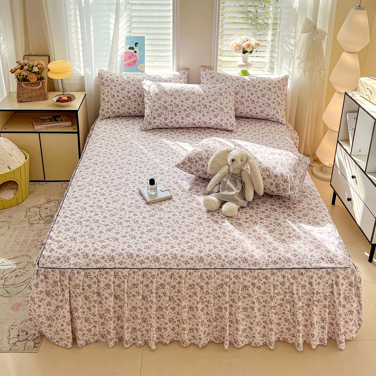 91家纺网 家纺一手货源 找家纺 鹿辉家居（原吉欧力） 2026新款泡泡床裙四件套 床裙款-粉色碎花