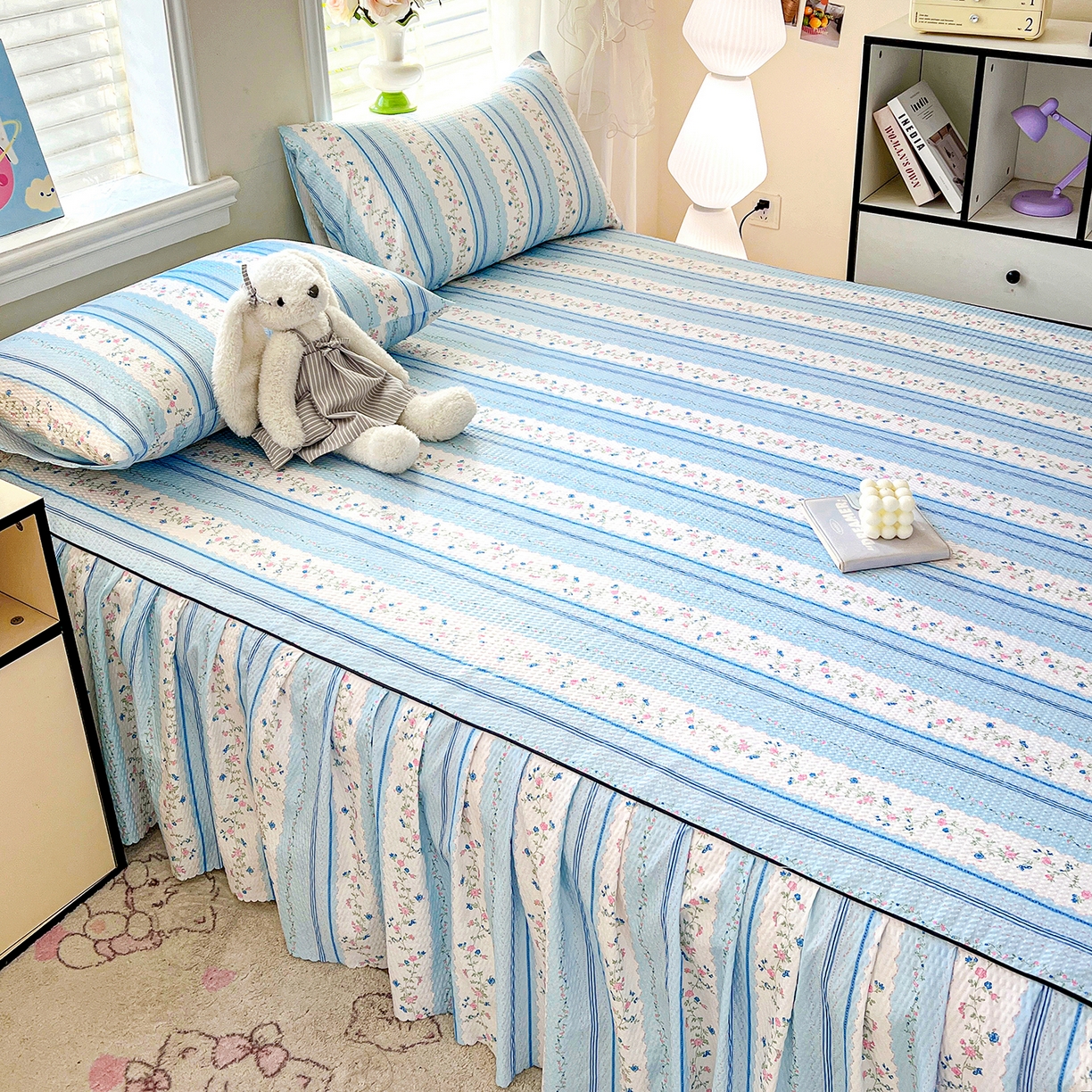 91家纺网 家纺一手货源 找家纺 鹿辉家居（原吉欧力） 2026新款泡泡床裙四件套 床裙款-蓝韵花香