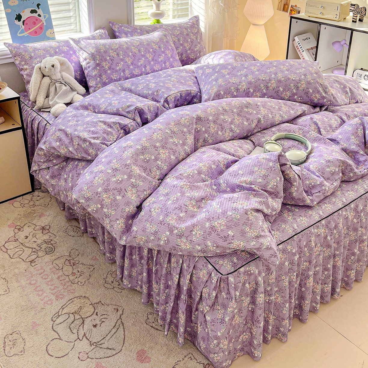 91家纺网 家纺一手货源 找家纺 鹿辉家居（原吉欧力） 2026新款泡泡床裙四件套 床裙款-紫韵花开