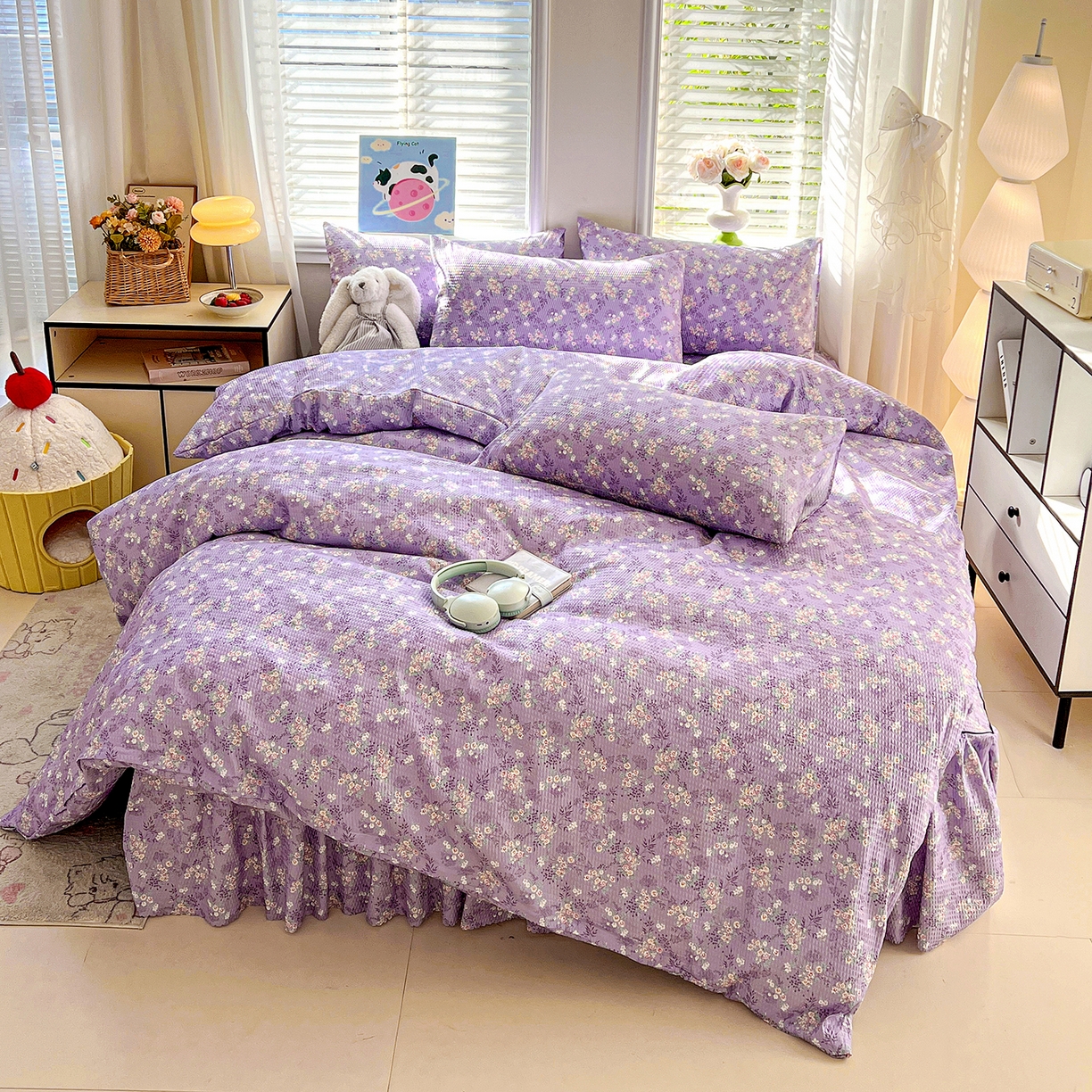 91家纺网 家纺一手货源 找家纺 鹿辉家居（原吉欧力） 2026新款泡泡床裙四件套 床裙款-紫韵花开