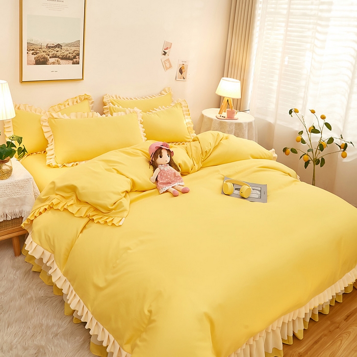 91家纺网 家纺一手货源 找家纺 沐珩家纺 2026新款韩版公主风亲肤磨毛床单四件套-爱恋系列 爱恋-布丁黄