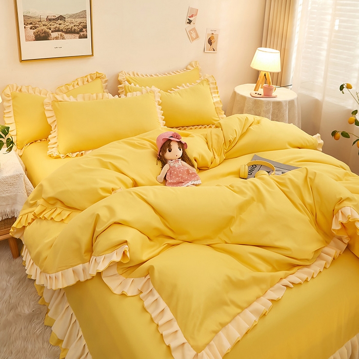91家纺网 家纺一手货源 找家纺 沐珩家纺 2026新款韩版公主风亲肤磨毛床单四件套-爱恋系列 爱恋-布丁黄