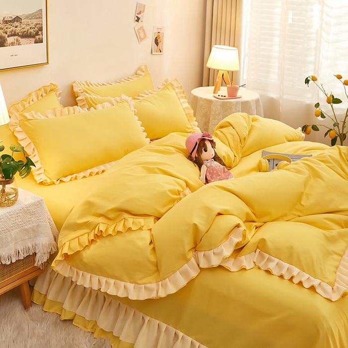 91家纺网 家纺一手货源 找家纺 沐珩家纺 2026新款韩版公主风亲肤磨毛床单四件套-爱恋系列 爱恋-布丁黄