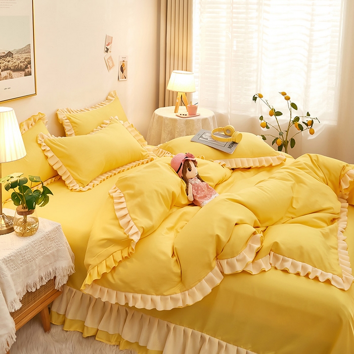 91家纺网 家纺一手货源 找家纺 沐珩家纺 2026新款韩版公主风亲肤磨毛床单四件套-爱恋系列 爱恋-布丁黄
