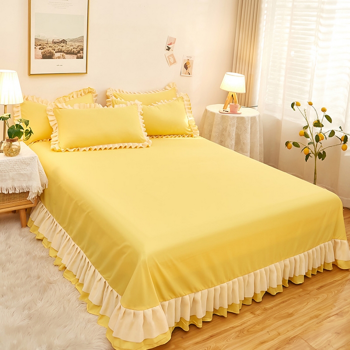 91家纺网 家纺一手货源 找家纺 沐珩家纺 2026新款韩版公主风亲肤磨毛床单四件套-爱恋系列 爱恋-布丁黄