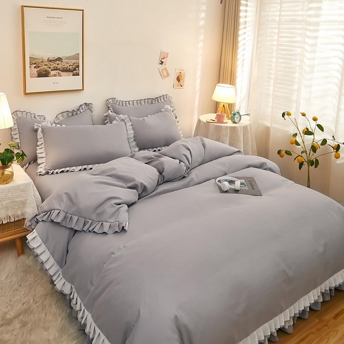 91家纺网 家纺一手货源 找家纺 沐珩家纺 2026新款韩版公主风亲肤磨毛床单四件套-爱恋系列 爱恋-帝都灰