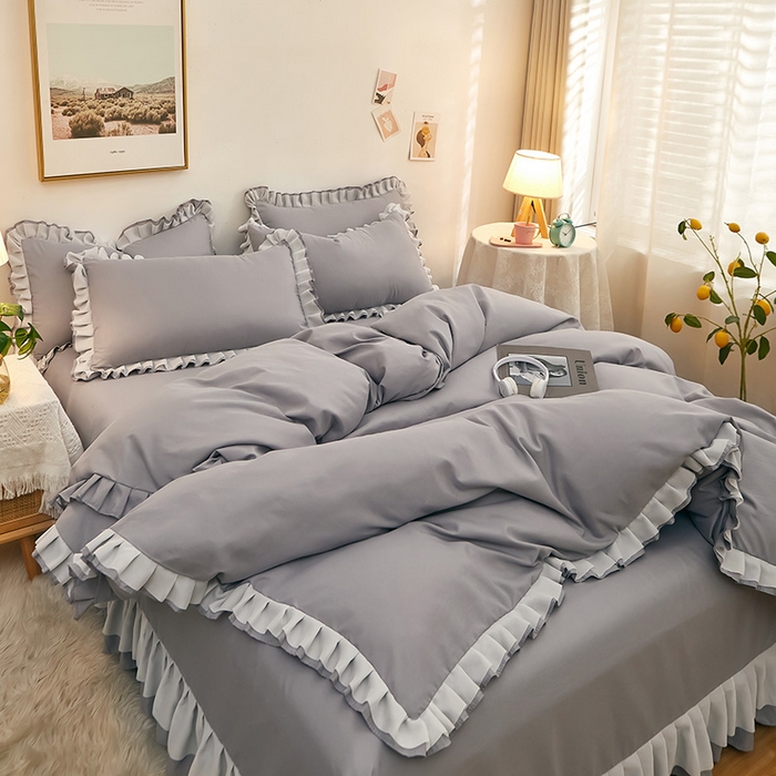 91家纺网 家纺一手货源 找家纺 沐珩家纺 2026新款韩版公主风亲肤磨毛床单四件套-爱恋系列 爱恋-帝都灰