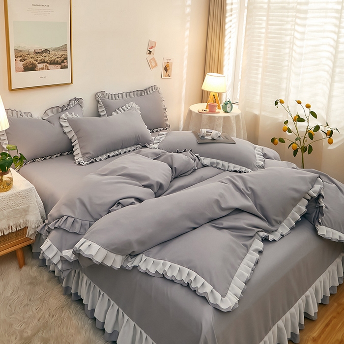 91家纺网 家纺一手货源 找家纺 沐珩家纺 2026新款韩版公主风亲肤磨毛床单四件套-爱恋系列 爱恋-帝都灰