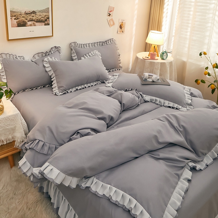 91家纺网 家纺一手货源 找家纺 沐珩家纺 2026新款韩版公主风亲肤磨毛床单四件套-爱恋系列 爱恋-帝都灰