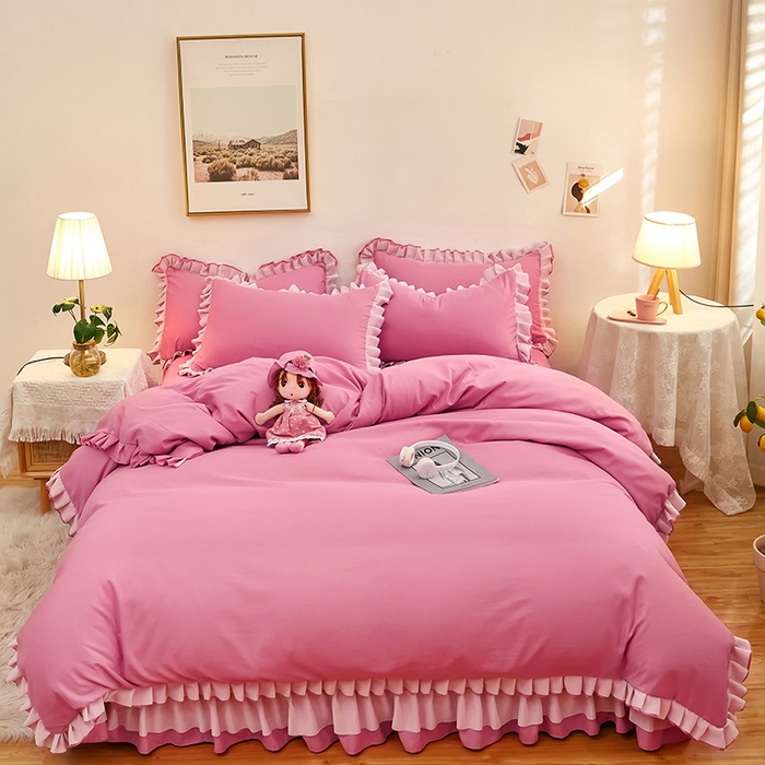 沐珩家纺 2026新款韩版公主风亲肤磨毛床单四件套-爱恋系列 爱恋-粉豆沙