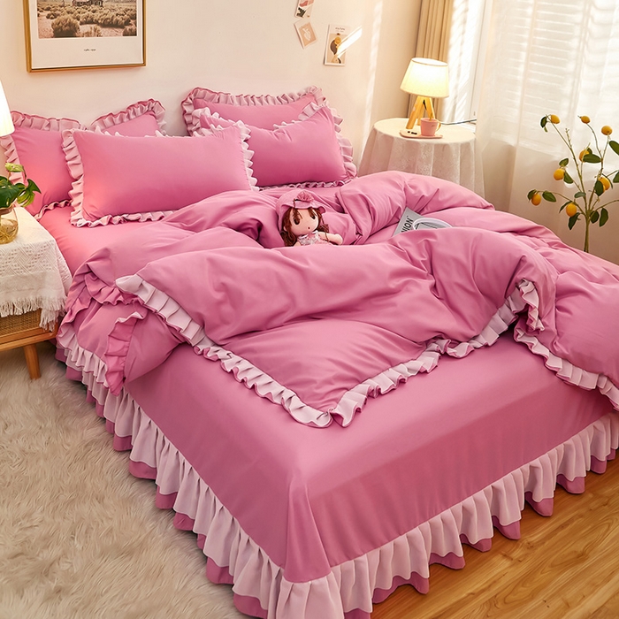 91家纺网 家纺一手货源 找家纺 沐珩家纺 2026新款韩版公主风亲肤磨毛床单四件套-爱恋系列 爱恋-粉豆沙