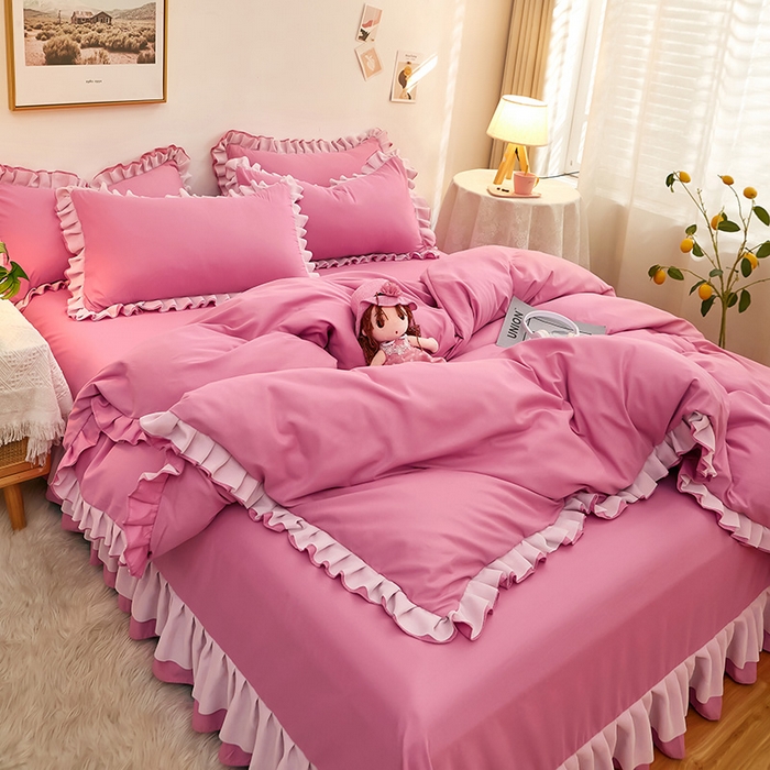 91家纺网 家纺一手货源 找家纺 沐珩家纺 2026新款韩版公主风亲肤磨毛床单四件套-爱恋系列 爱恋-粉豆沙