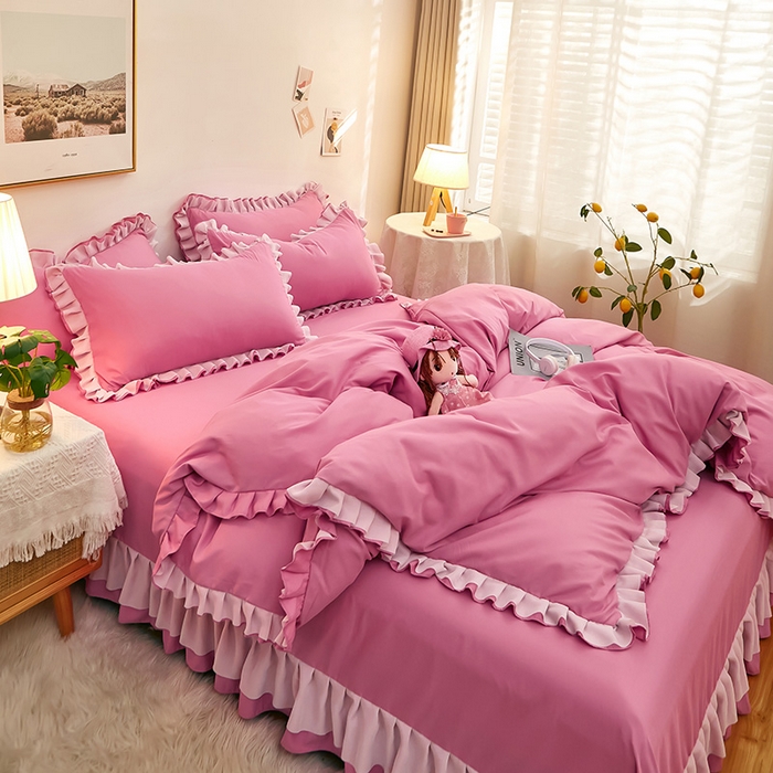 91家纺网 家纺一手货源 找家纺 沐珩家纺 2026新款韩版公主风亲肤磨毛床单四件套-爱恋系列 爱恋-粉豆沙