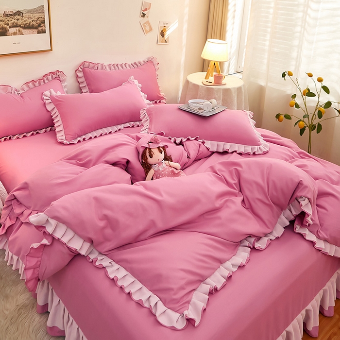 91家纺网 家纺一手货源 找家纺 沐珩家纺 2026新款韩版公主风亲肤磨毛床单四件套-爱恋系列 爱恋-粉豆沙