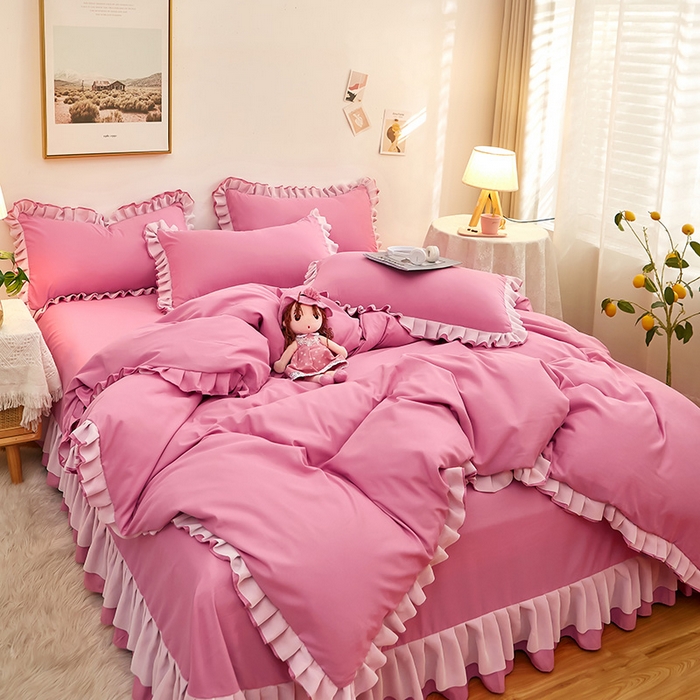 91家纺网 家纺一手货源 找家纺 沐珩家纺 2026新款韩版公主风亲肤磨毛床单四件套-爱恋系列 爱恋-粉豆沙