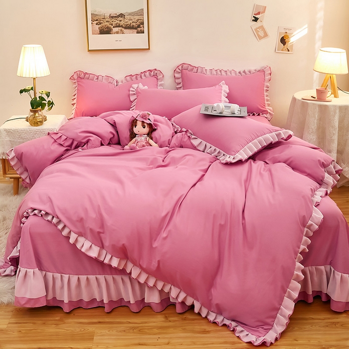 91家纺网 家纺一手货源 找家纺 沐珩家纺 2026新款韩版公主风亲肤磨毛床单四件套-爱恋系列 爱恋-粉豆沙