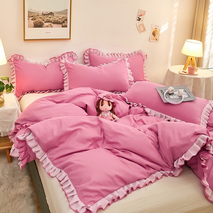 91家纺网 家纺一手货源 找家纺 沐珩家纺 2026新款韩版公主风亲肤磨毛床单四件套-爱恋系列 爱恋-粉豆沙
