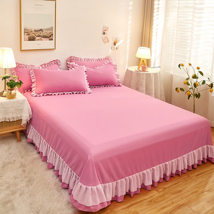 91家纺网 家纺一手货源 找家纺 沐珩家纺 2026新款韩版公主风亲肤磨毛床单四件套-爱恋系列 爱恋-粉豆沙