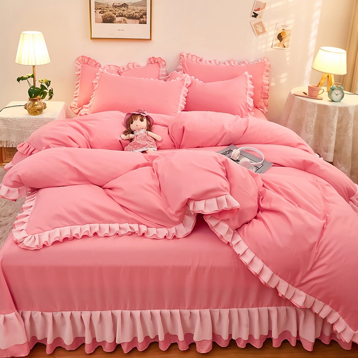 91家纺网 家纺一手货源 找家纺 沐珩家纺 2026新款韩版公主风亲肤磨毛床单四件套-爱恋系列 爱恋-萝莉粉