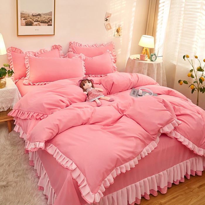 91家纺网 家纺一手货源 找家纺 沐珩家纺 2026新款韩版公主风亲肤磨毛床单四件套-爱恋系列 爱恋-萝莉粉