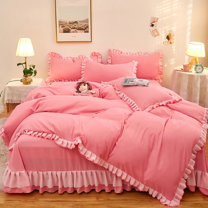 91家纺网 家纺一手货源 找家纺 沐珩家纺 2026新款韩版公主风亲肤磨毛床单四件套-爱恋系列 爱恋-萝莉粉