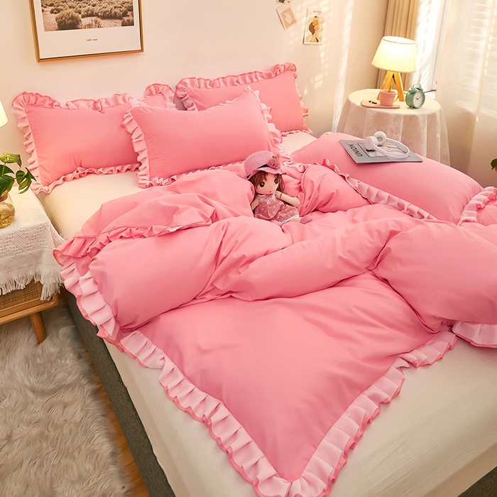 91家纺网 家纺一手货源 找家纺 沐珩家纺 2026新款韩版公主风亲肤磨毛床单四件套-爱恋系列 爱恋-萝莉粉